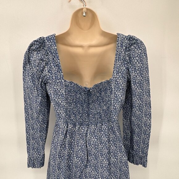 Wilfred Dress‎ Womens 0 Blue White Floral Cotton Smocked Waist Zip Back Ruffle - Picture 4 of 10